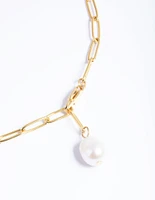 Waterproof Gold Plated Stainless Steel Freshwater Pearl Chain Drop Necklace