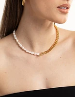 Waterproof Gold Plated Stainless Steel Freshwater Pearl & Chain Necklace