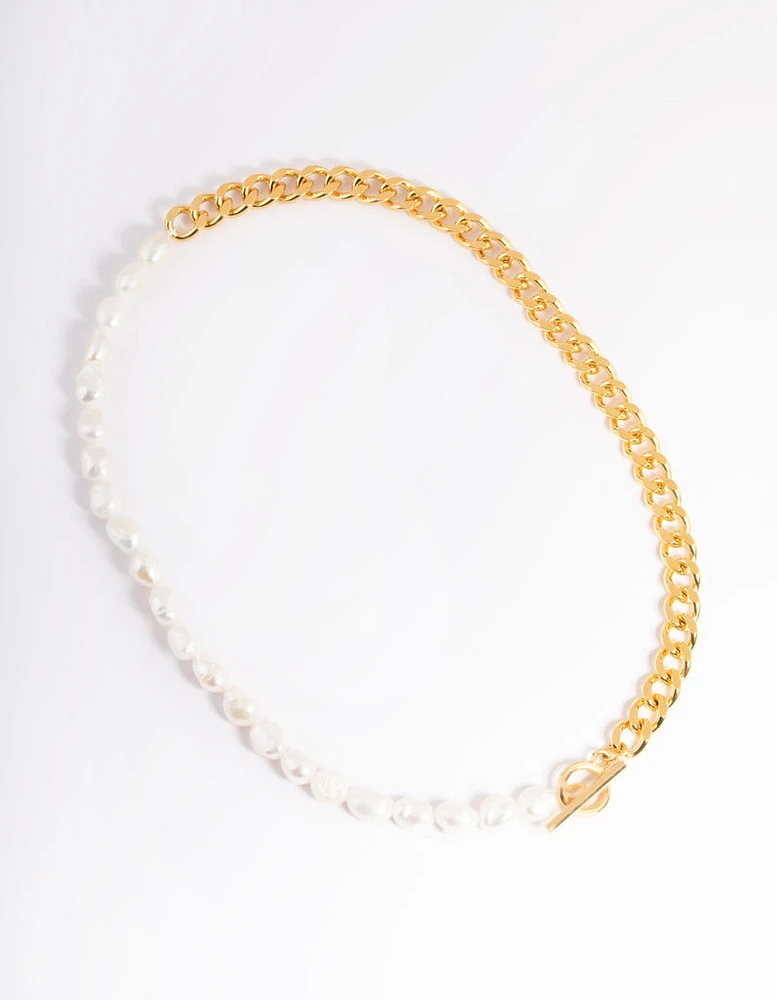 Waterproof Gold Plated Stainless Steel Freshwater Pearl & Chain Necklace