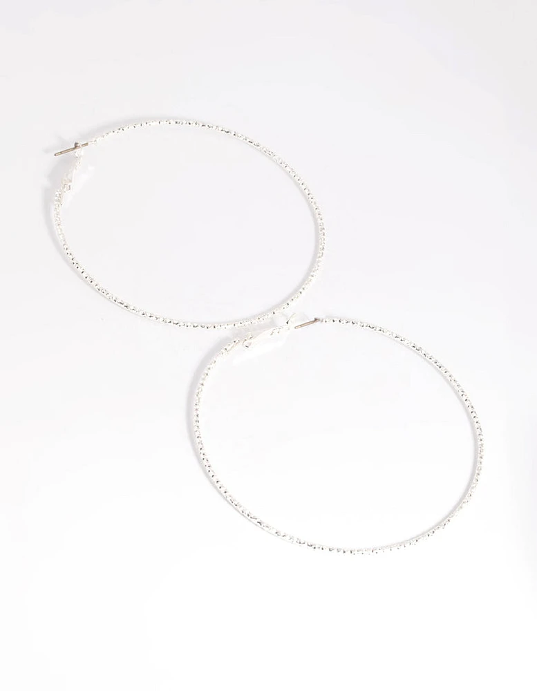 Silver 70mm Facet Textured Hoop Earrings