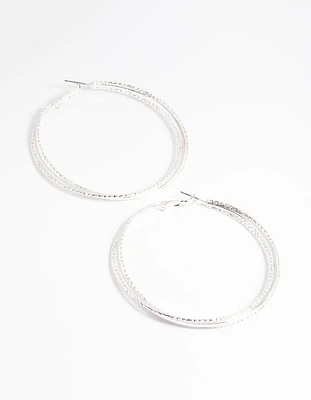 Rhodium 60mm Textured Twist Hoop Earrings