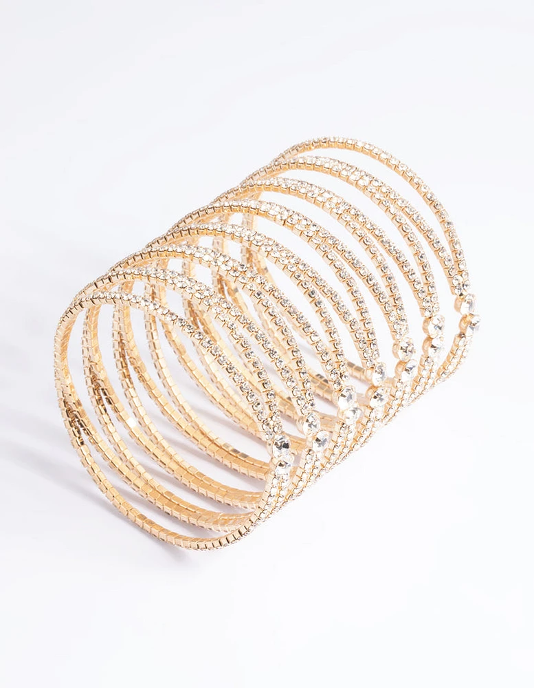 Gold Diamante Cross Over Eight Row Cuff Bracelet