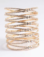 Gold Diamante Cross Over Eight Row Cuff Bracelet