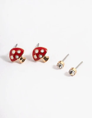 Gold Diamante & Mushroom Earrings Pack