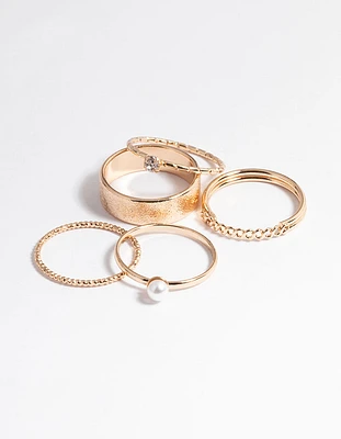 Gold Pearl & Diamante Mix Ring 5-Pack