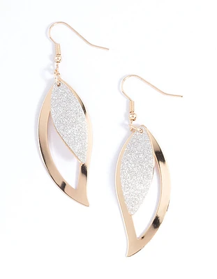 Gold Open & Glitter Leaf Drop Earrings