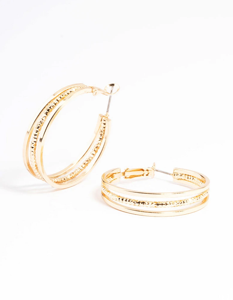 Gold Triple Split Textured Hoop Earrings