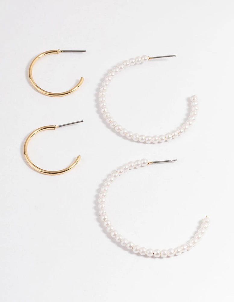 Gold Plain & Pearl Pack Earrings