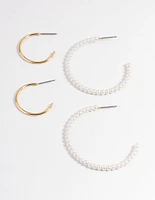 Gold Plain & Pearl Pack Earrings