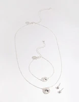 Silver Stone & Surrounded Necklace, Bracelet & Earrings Set