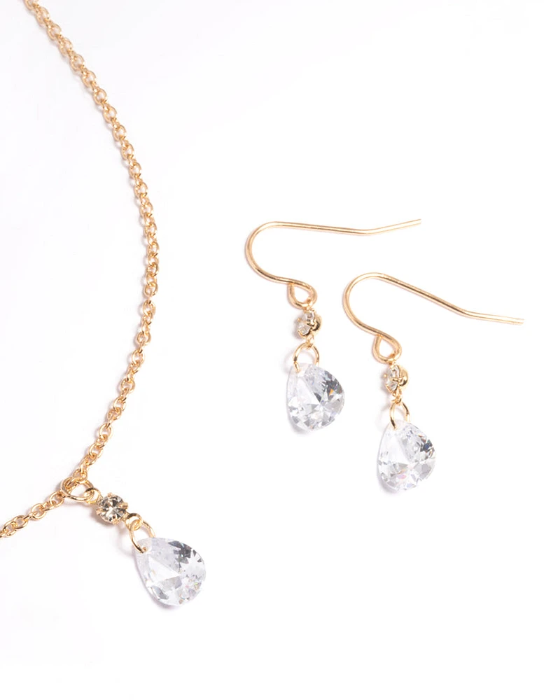 Gold Cubic Zirconia Pear Drop Necklace & Earrings Set