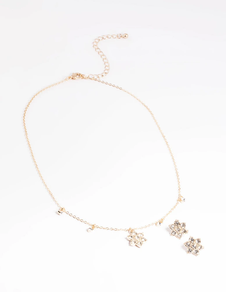 Gold Flower Droplet Necklace & Earrings Set