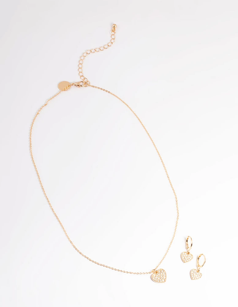 Gold Pave Heart Necklace & Huggie Set