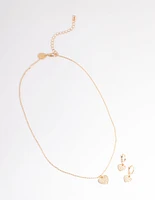 Gold Pave Heart Necklace & Huggie Set