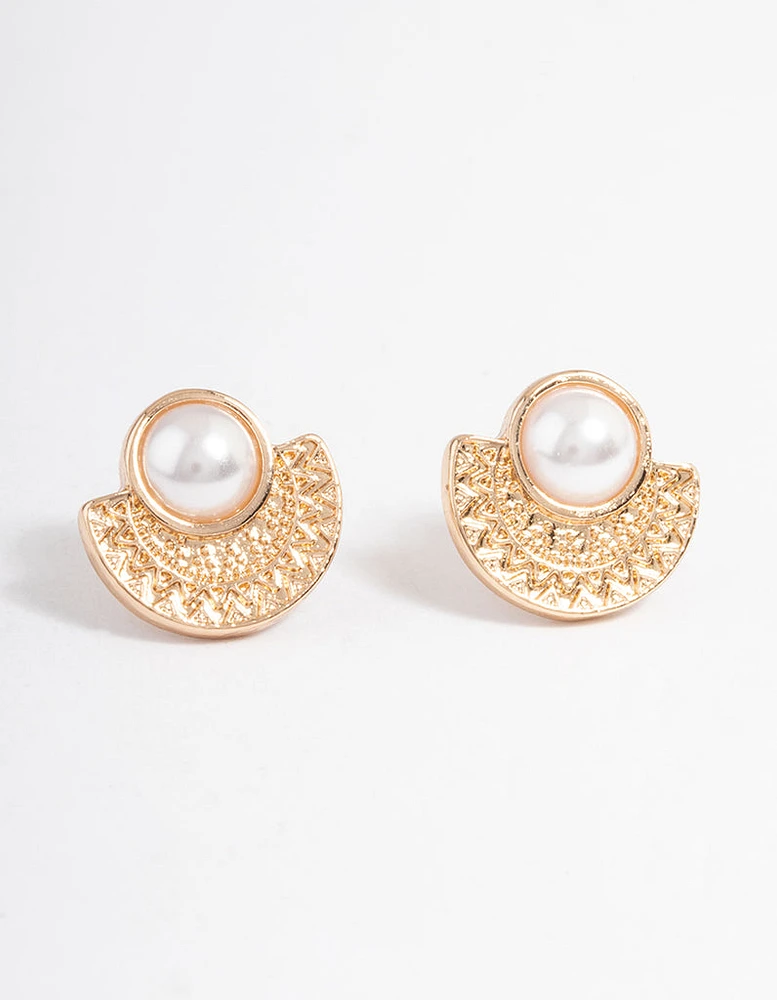 Gold Pearl Etched Stud Earrings