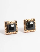 Gold Square Stone Stud Earrings