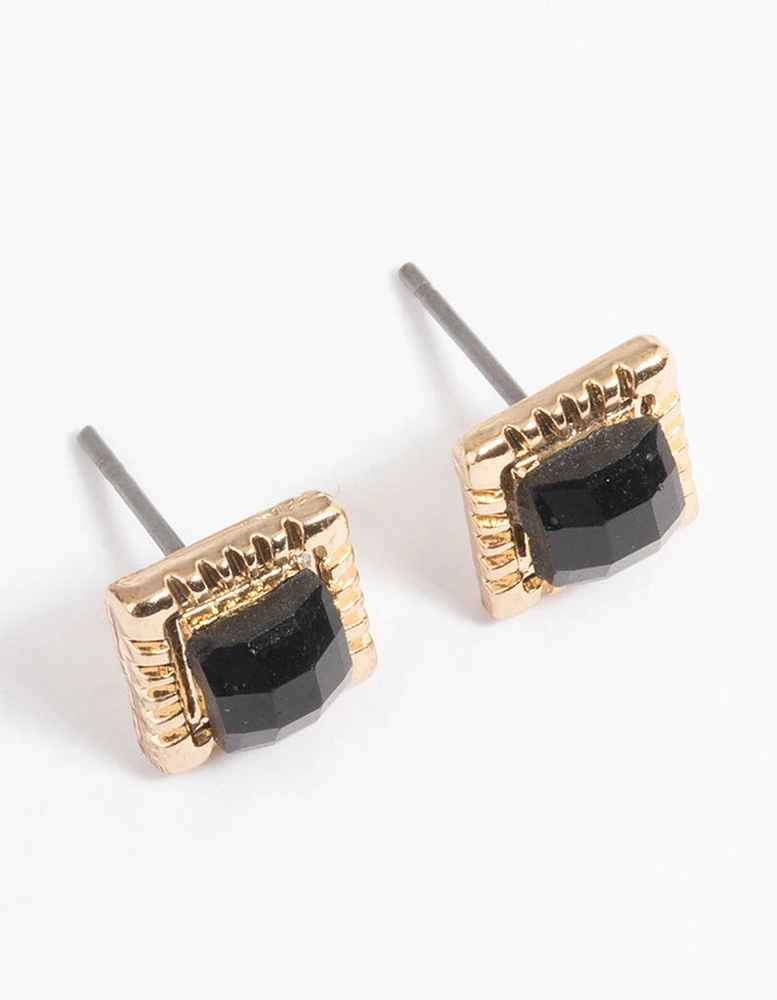 Gold Square Stone Stud Earrings