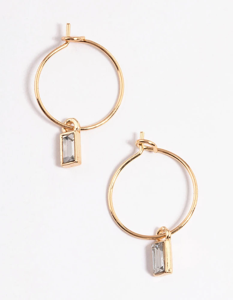 Gold Baguette Drop Hoop Earrings