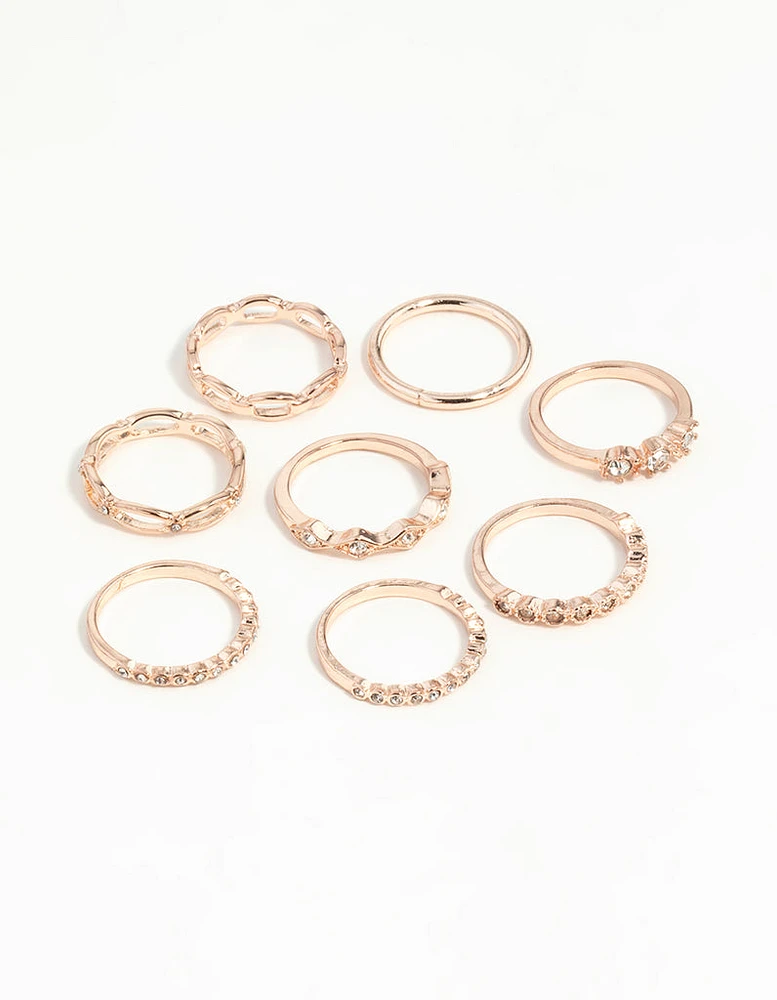 Rose Gold Diamante Row Mix Ring 8-Pack