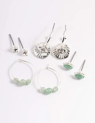 Silver Green Fluorite Evil Diamante Stick Earrings