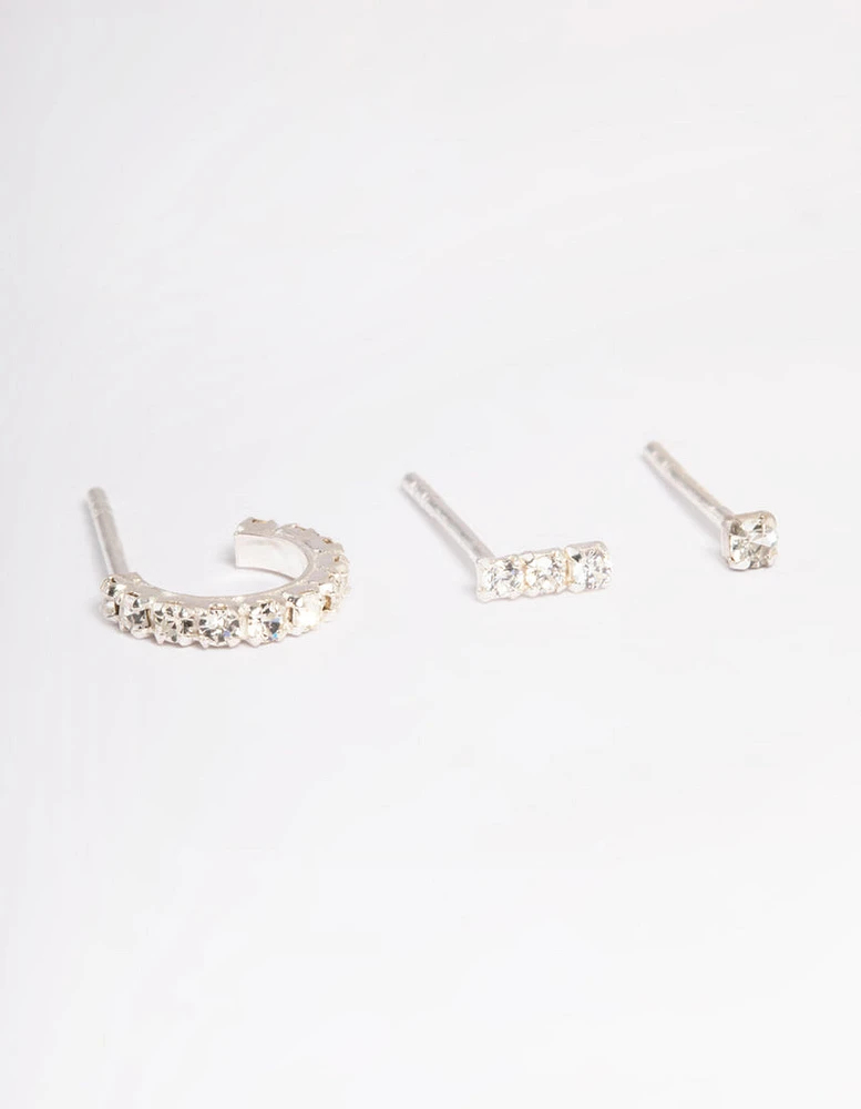 Sterling Silver Cubic Zirconia Curve Earring Stud Pack