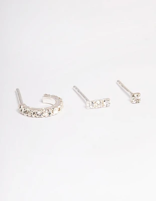 Sterling Silver Cubic Zirconia Curve Earring Stud Pack