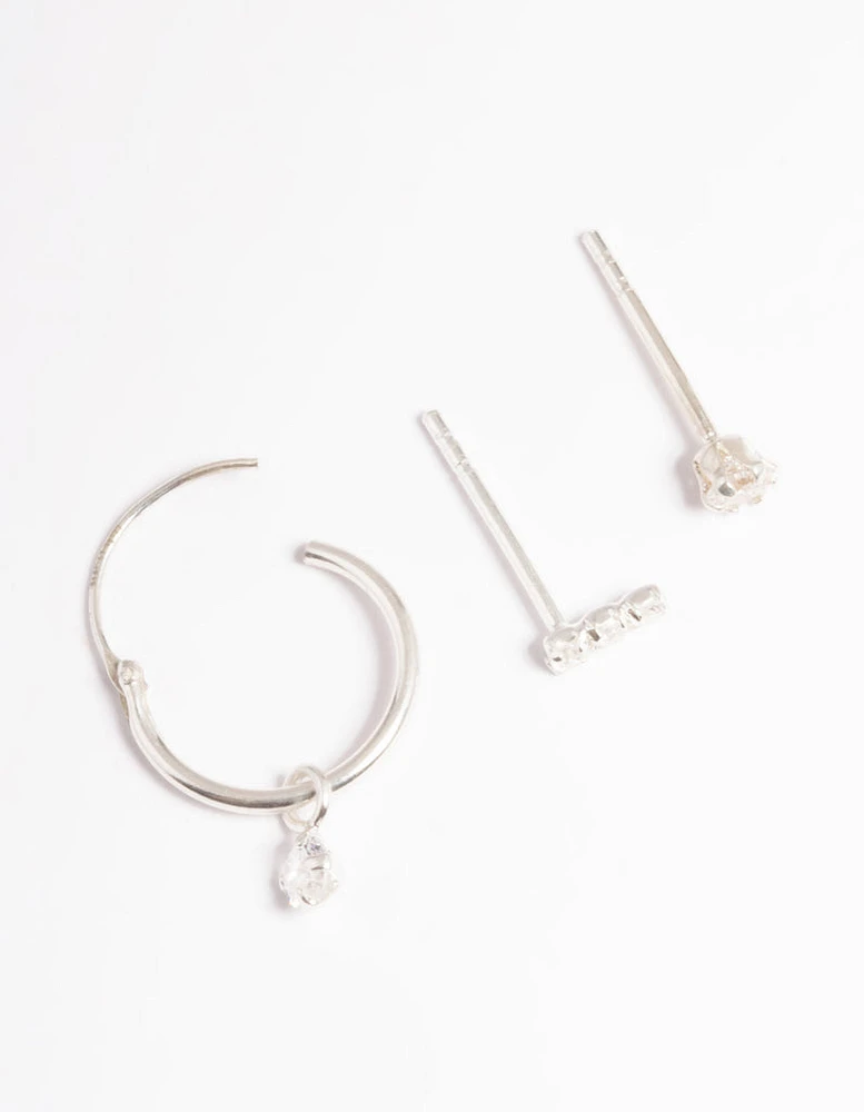 Sterling Silver Cubic Zirconia Dangle Curve Earrings Pack