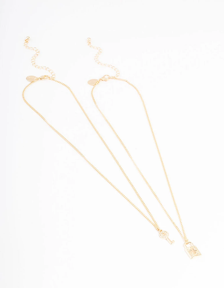 Gold Diamante Lock & Key Necklace Pack