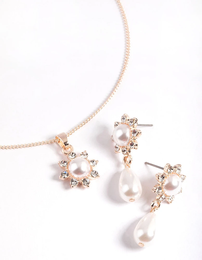 Rose Gold Pearl Flower Necklace & Drop Earrings