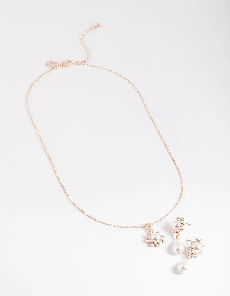 Rose Gold Pearl Flower Necklace & Drop Earrings