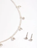 Silver Diamante Droplet Necklace & Stud Earrings