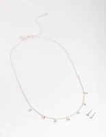 Silver Diamante Droplet Necklace & Stud Earrings