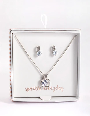 Silver Square Halo Necklace & Stud Earrings