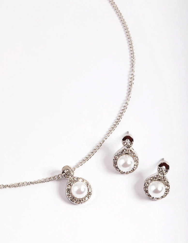 Silver Diamante Pearl Swirl Necklace & Stud Earrings