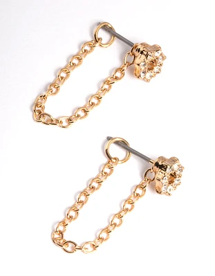 Gold Flower Chain Front & Back Earrings