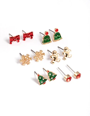 Kids Gold Hat & Bow 6-Pack Stud Earrings