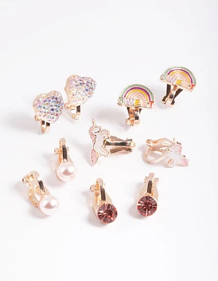 Kids Rose Gold Unicorn Clip On Earrings 5-Pack