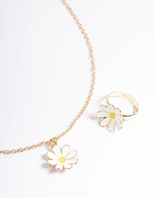 Kids White Daisy Necklace & Ring Set