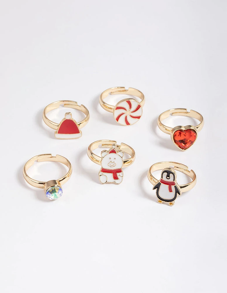 Kids Gold Bear & Penguin Ring 6-Pack