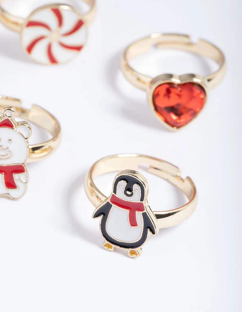 Kids Gold Bear & Penguin Ring 6-Pack