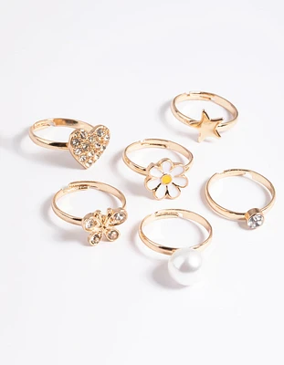 Kids Diamante & Daisy Ring 6-Pack