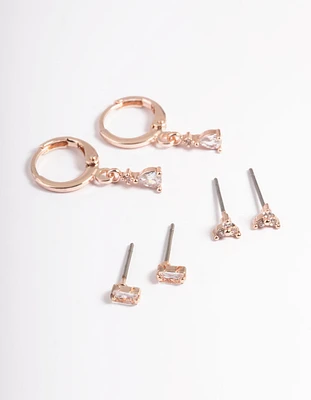 Rose Gold Plated Brass Crystal Pear Huggie Earrings 6-Pack