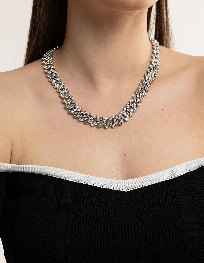 Rhodium Diamante Miami Chain Necklace