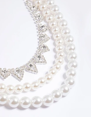 Silver 2-Row Pearl Triangle Diamante Necklace