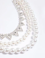 Silver 2-Row Pearl Triangle Diamante Necklace