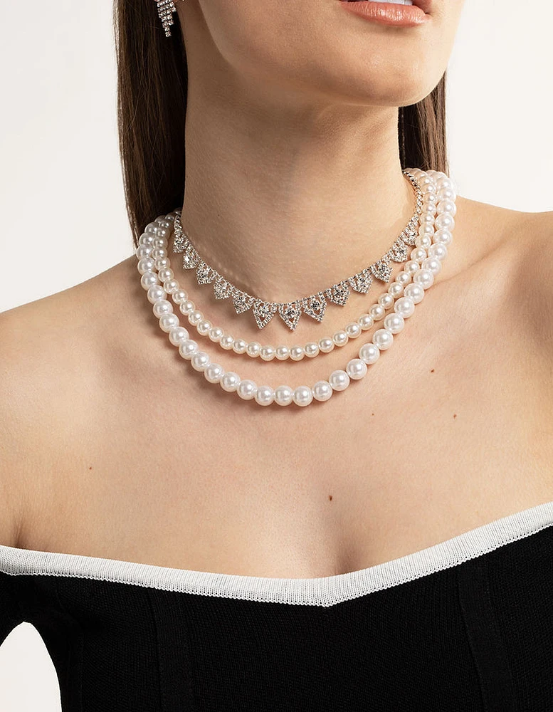 Silver 2-Row Pearl Triangle Diamante Necklace