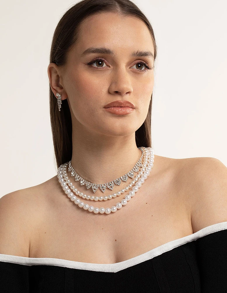 Silver 2-Row Pearl Triangle Diamante Necklace