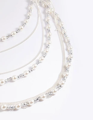 Silver Bead & Facet Multi-Row Long Necklace