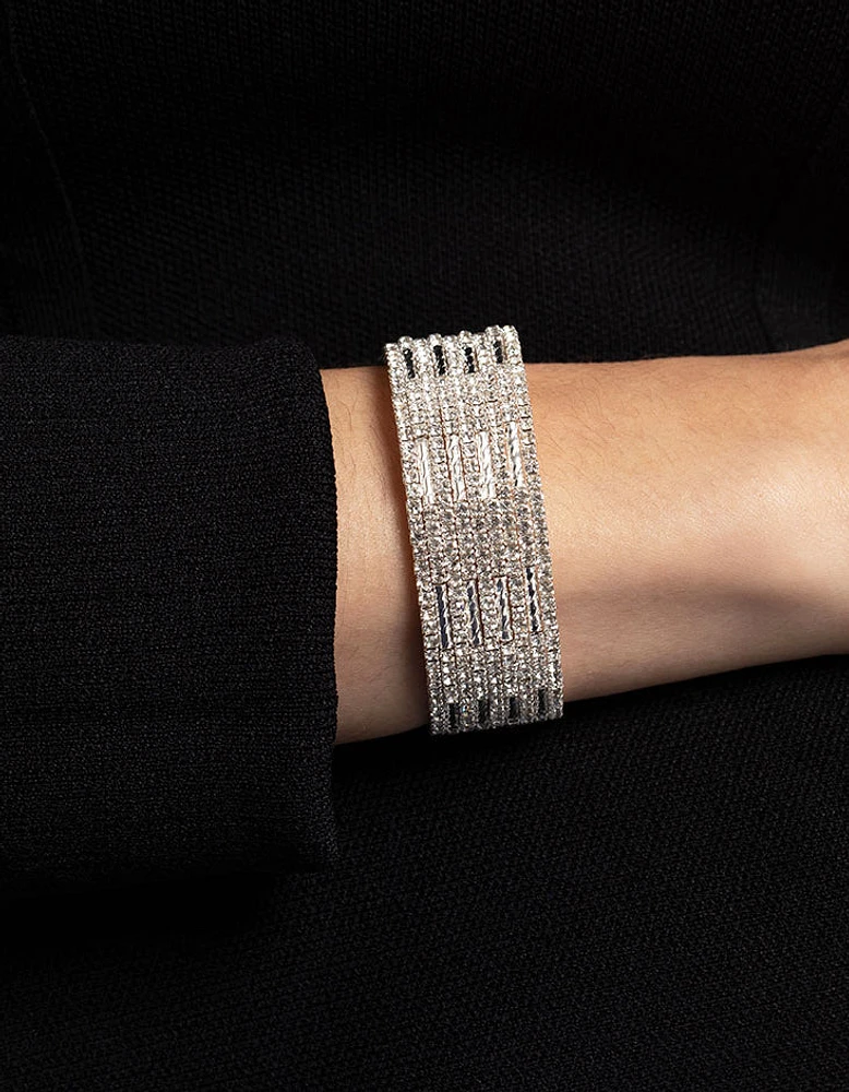 Silver Spiky 4 Row Diamante Wrist Cuff