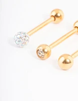 Gold Plated Titanium Pave Ball Tongue Piercing Pack